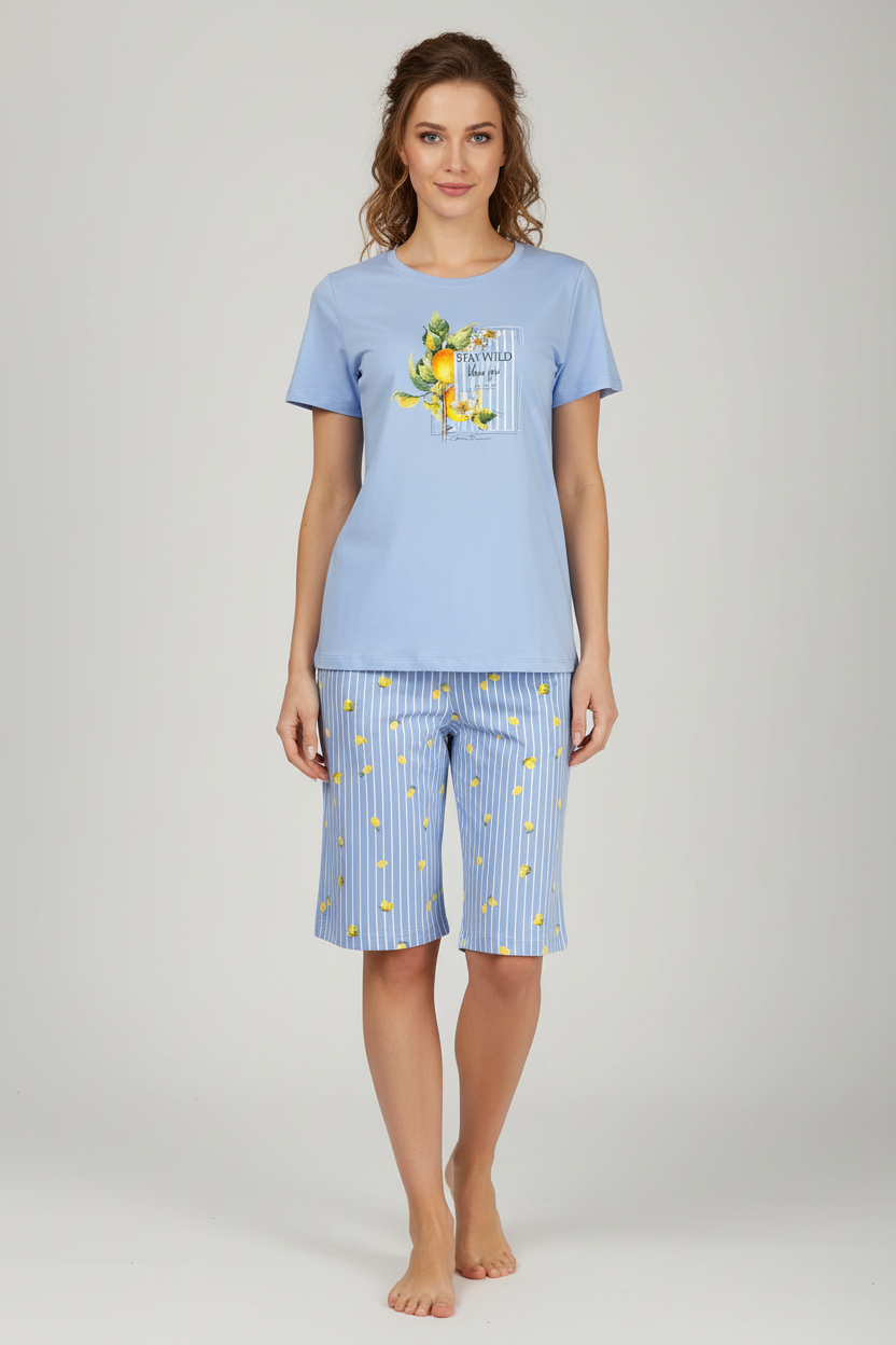 Дамска пижама синя с лимони - 3/4 панталонки