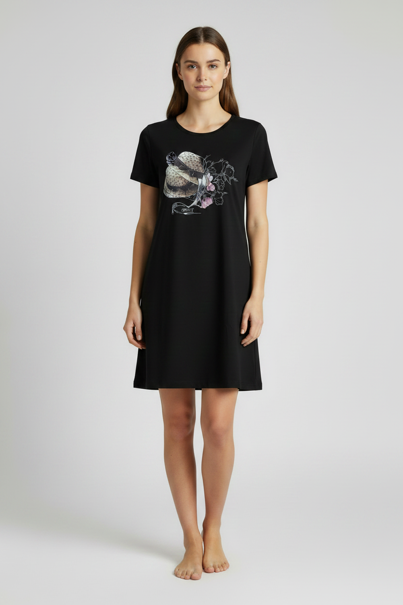 Черна нощница с шапки - мини дължина