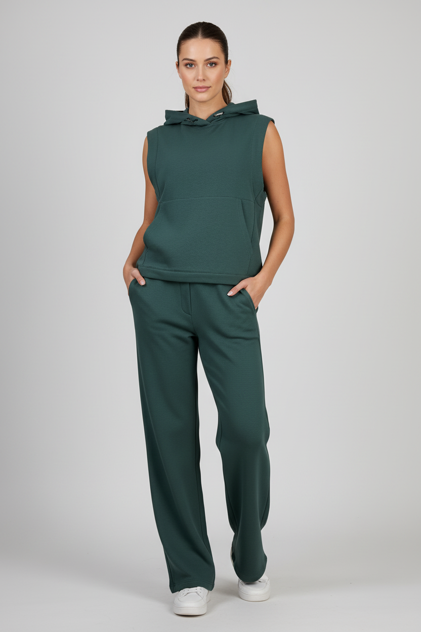 Дамски модел в зелен спортен комплект