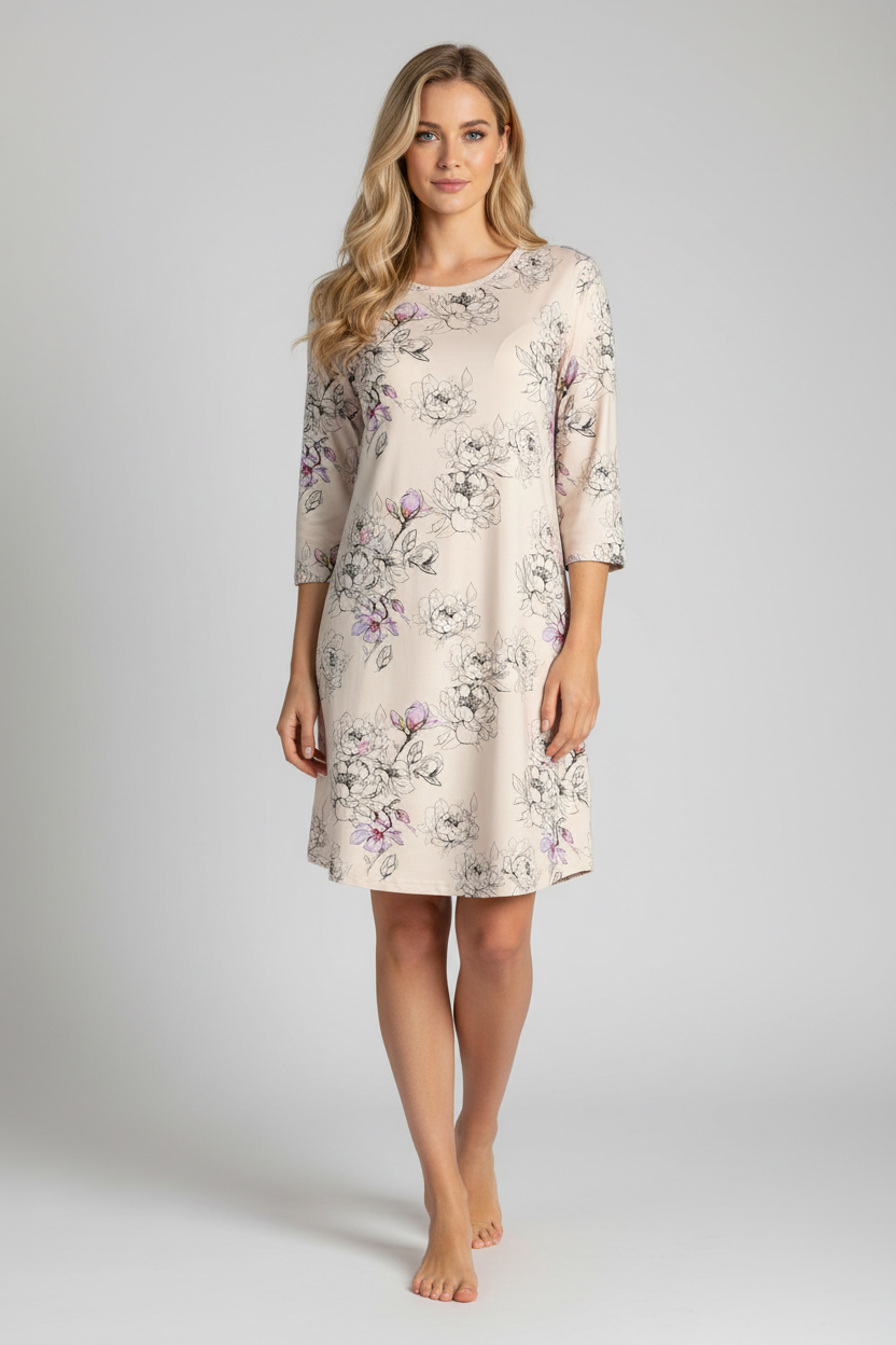 Кремава нощница с флорален принт - нов модел