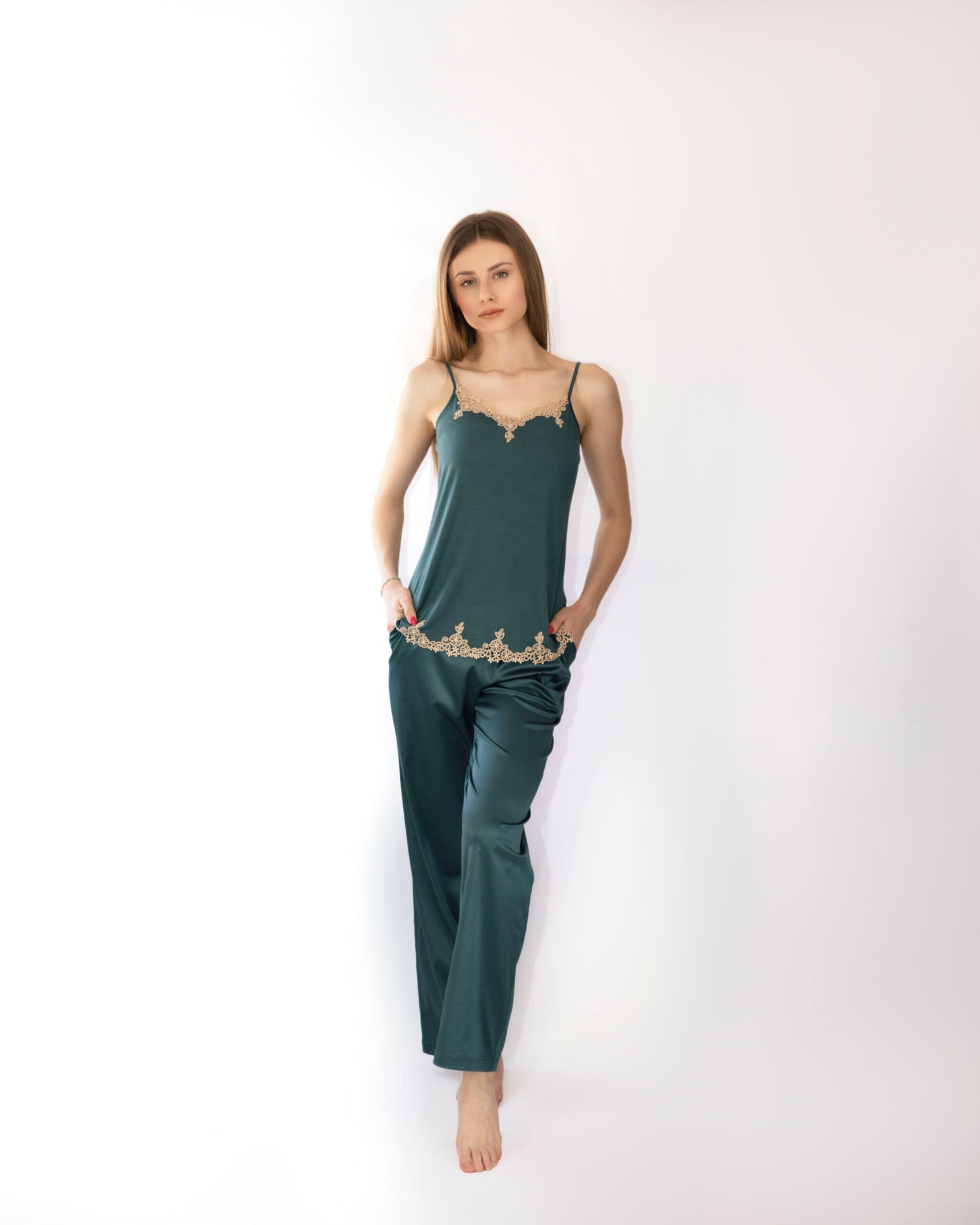 Дамски комплект от сатен и модал в петрол