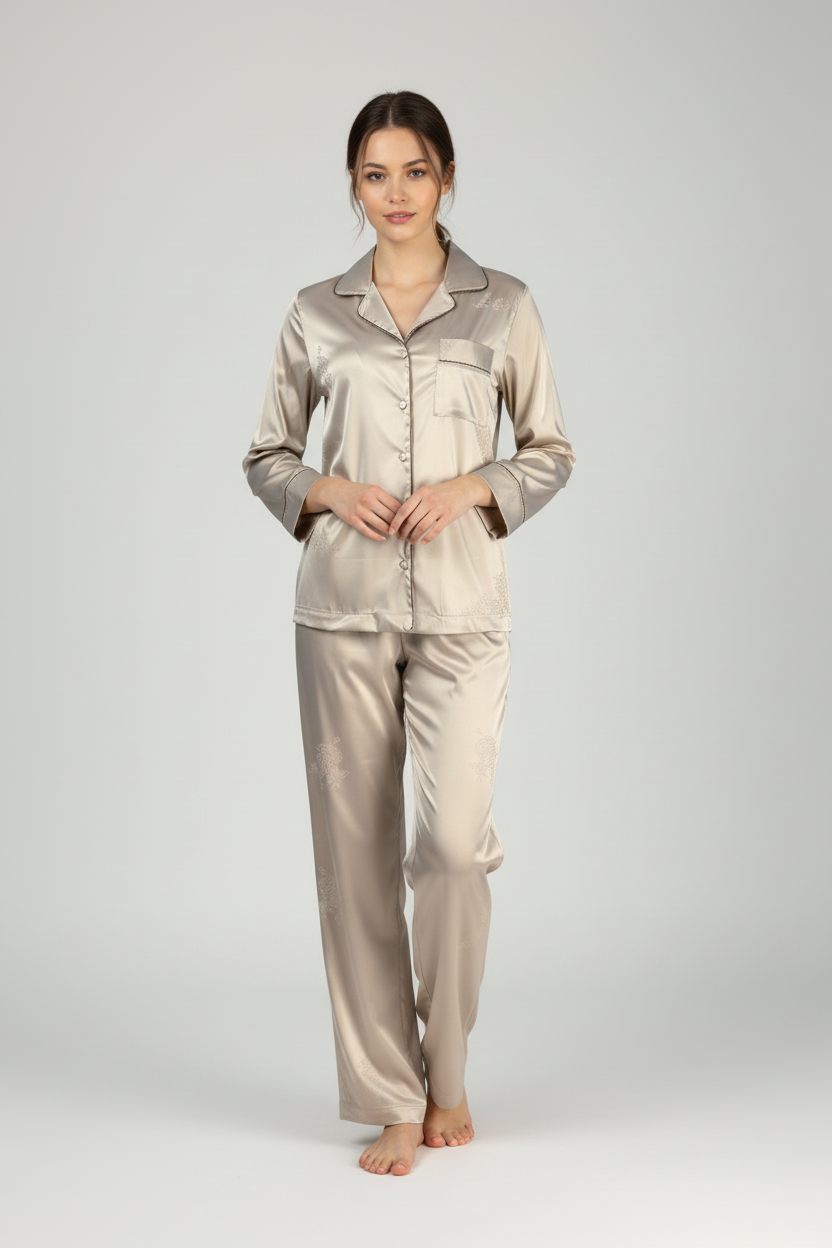 Дамска сатенена пижама златиста 