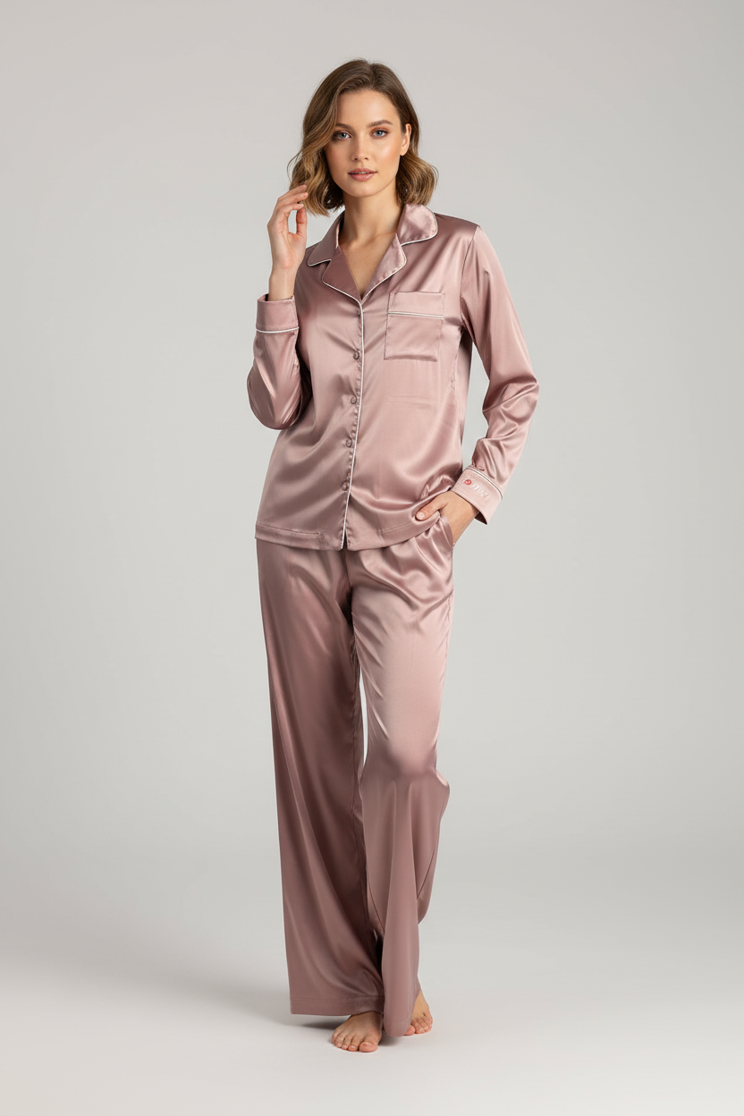 Дамска сатенена пижама розова