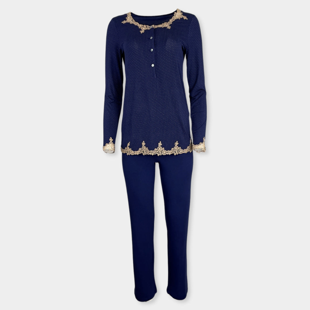 Луксозна Дамска Пижама с копчета и дантела