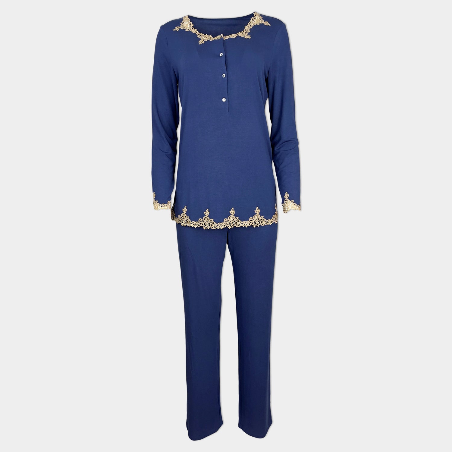 Луксозна Дамска Пижама с копчета и дантела в синьо
