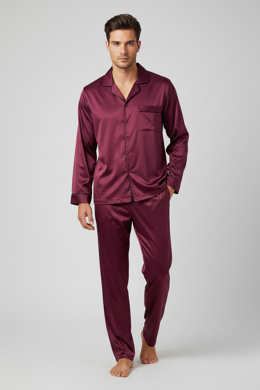 Мъжка сатенена пижама бордо