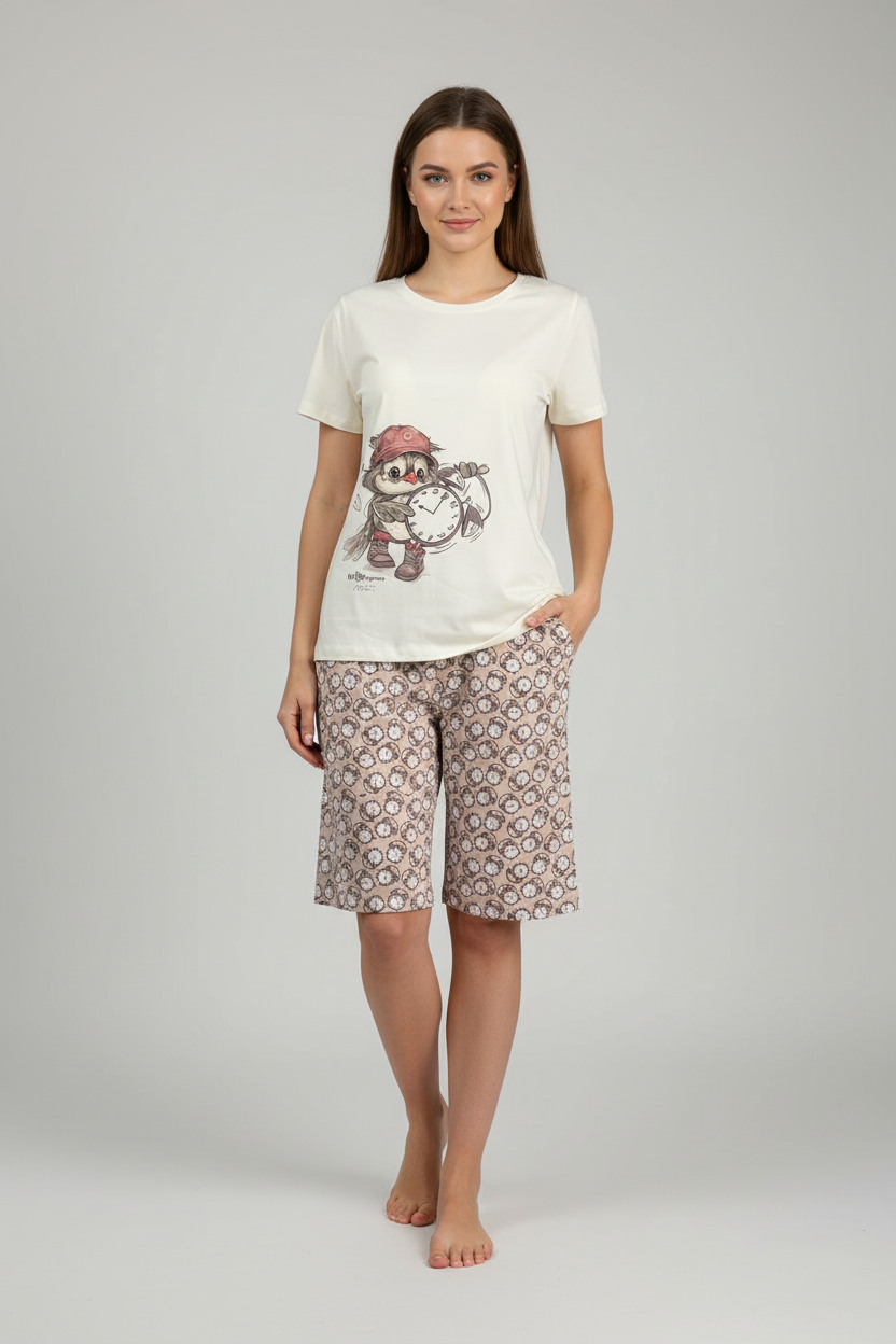Women's pajama set with owl and alarm clock